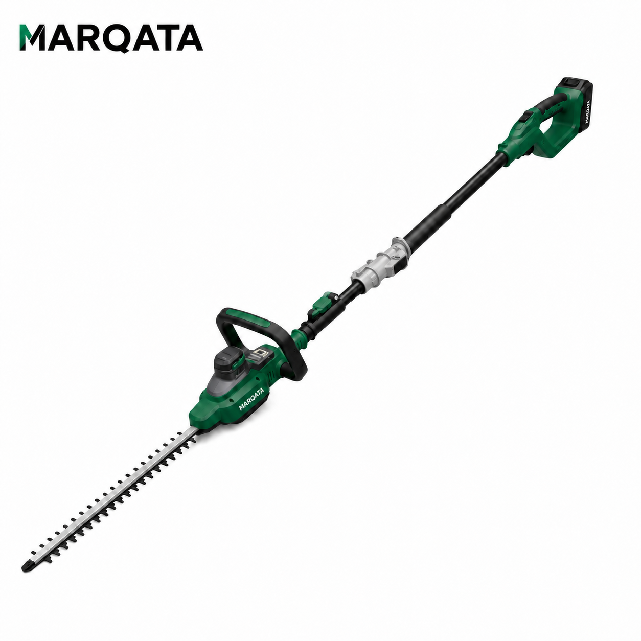 Marqata cordless hedge trimmer beside a garden hedge