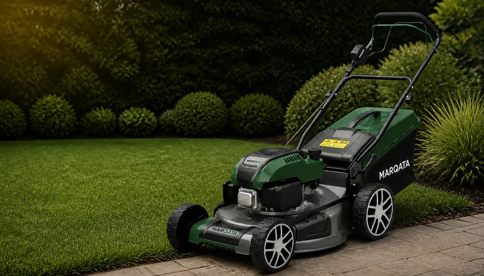Marqata lawn mower on a lush green lawn