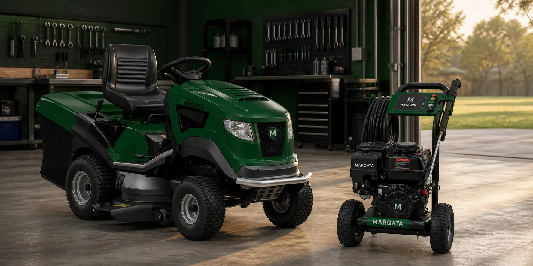 Marqata outdoor power equipment in a home workshop